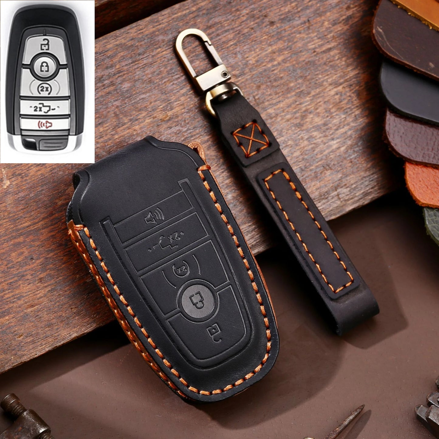 Leather Car Remote Key Case Cover For Ford Fusion Edge Mustang Explorer F150 F250 F350 Ecosport Protector Holder Shell Fob