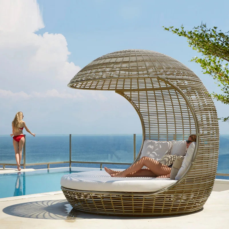 Outdoor lying bed rattan birdcage creative large sofa round bed garden decoration project lounge chair hotel beach pool bed