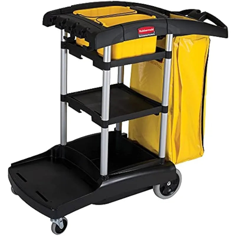 Commercial Products Housekeeping Service Cart , Black 38." x 21" x 49", Utility Rolling Cart for Transport Cleaning Equipment