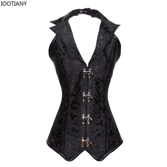 Steampunk Jacquard V-neck Shapewear Black Vintage Halter Collar Steel Boned Long Waist Trainer Corset Women Gothic Corset