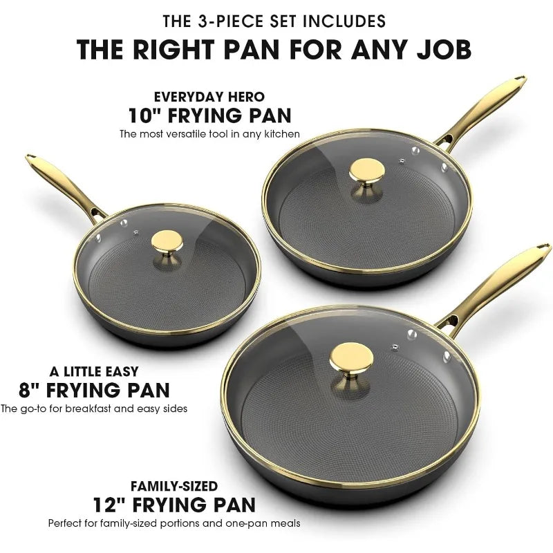 Imarku Non Stick Frying Pans, Nonstick Cast Iron Skillets 3 Pcs - 8 Inch, 10 Inch and 12 Inch Frying Pans Nonstick with Lid