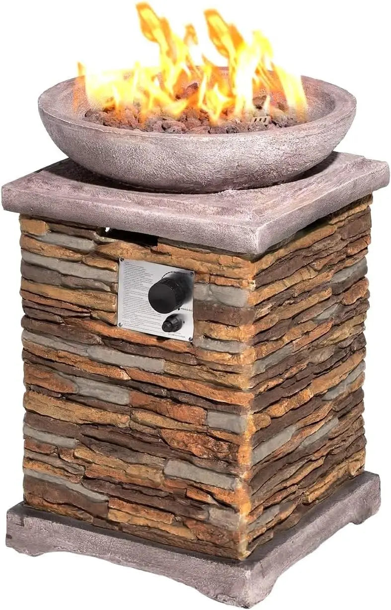 Outdoor Propane Fire Pit Table 32-inch Imitation Stone Square Concrete Propane Fire Pit with Lava Rocks and Rain Cover