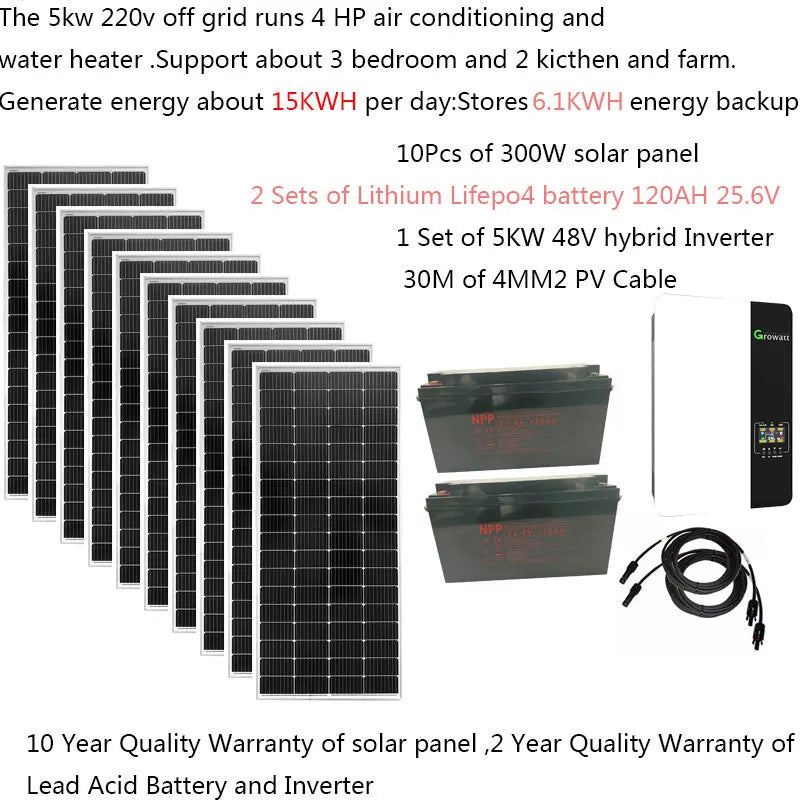 Solar System Complete 5KW 5000W 220V Solar Panel 300W LiFePO4 Lithium Battery 120AH Growatt Hybrid Inverter Home Farm House Pool