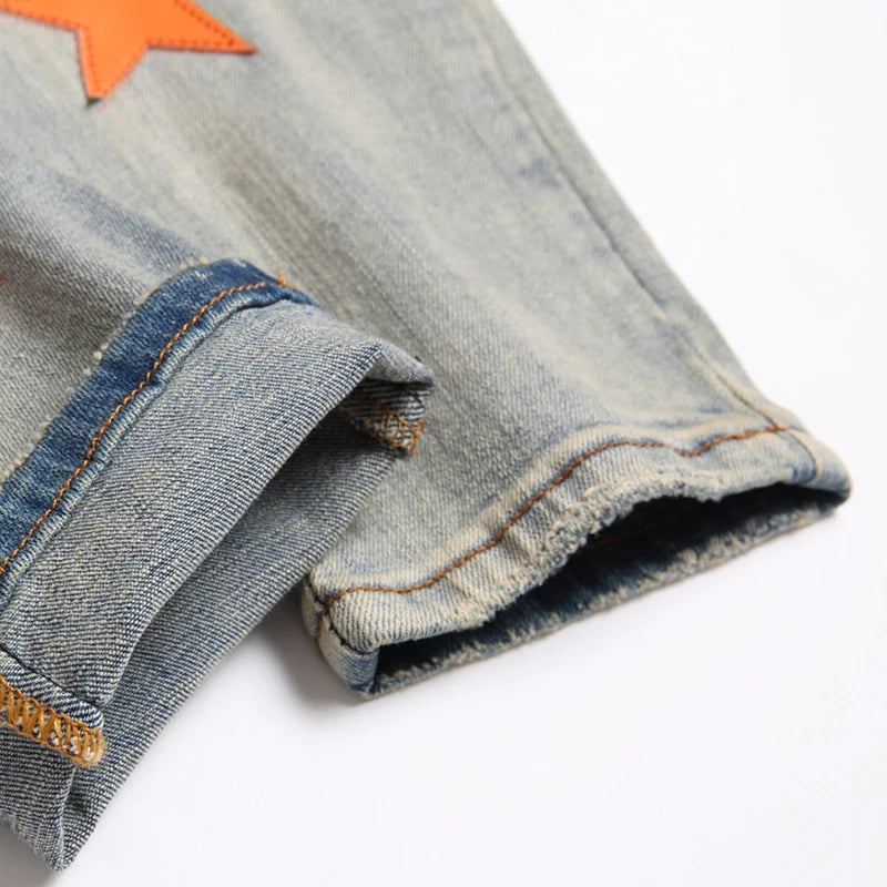 Men High Street Orange Star Embroidery Patch Jeans Men's Slim Fit Full Sky Star Denim Pants Jeans