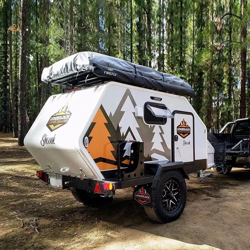 Hanging RV trailer with small water droplets, hard top RV can accommodate up and down 4 campers