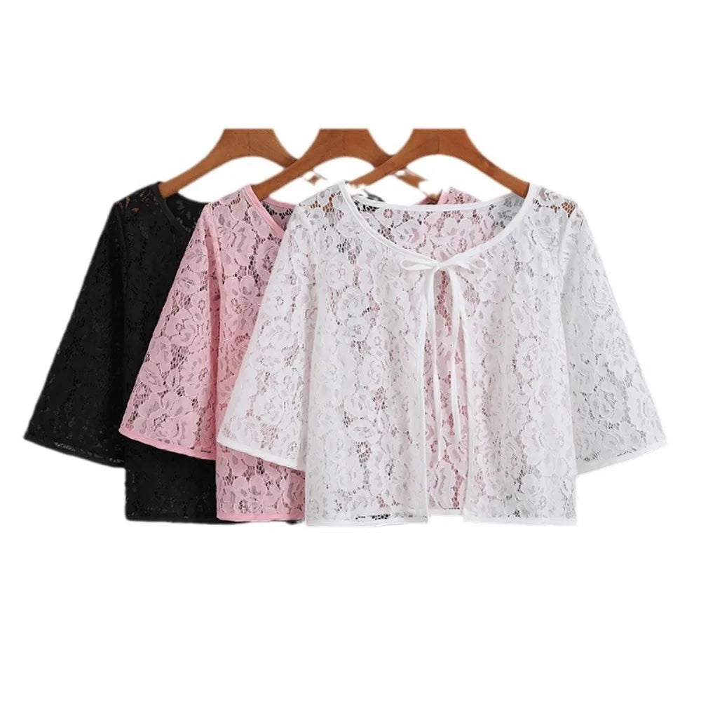 Flower Mesh Small Shawl Jacket Lace Up Transparent Lace Cardigan Shirt Short Sleeve Beachwear Sun Protection Cardigan Tops