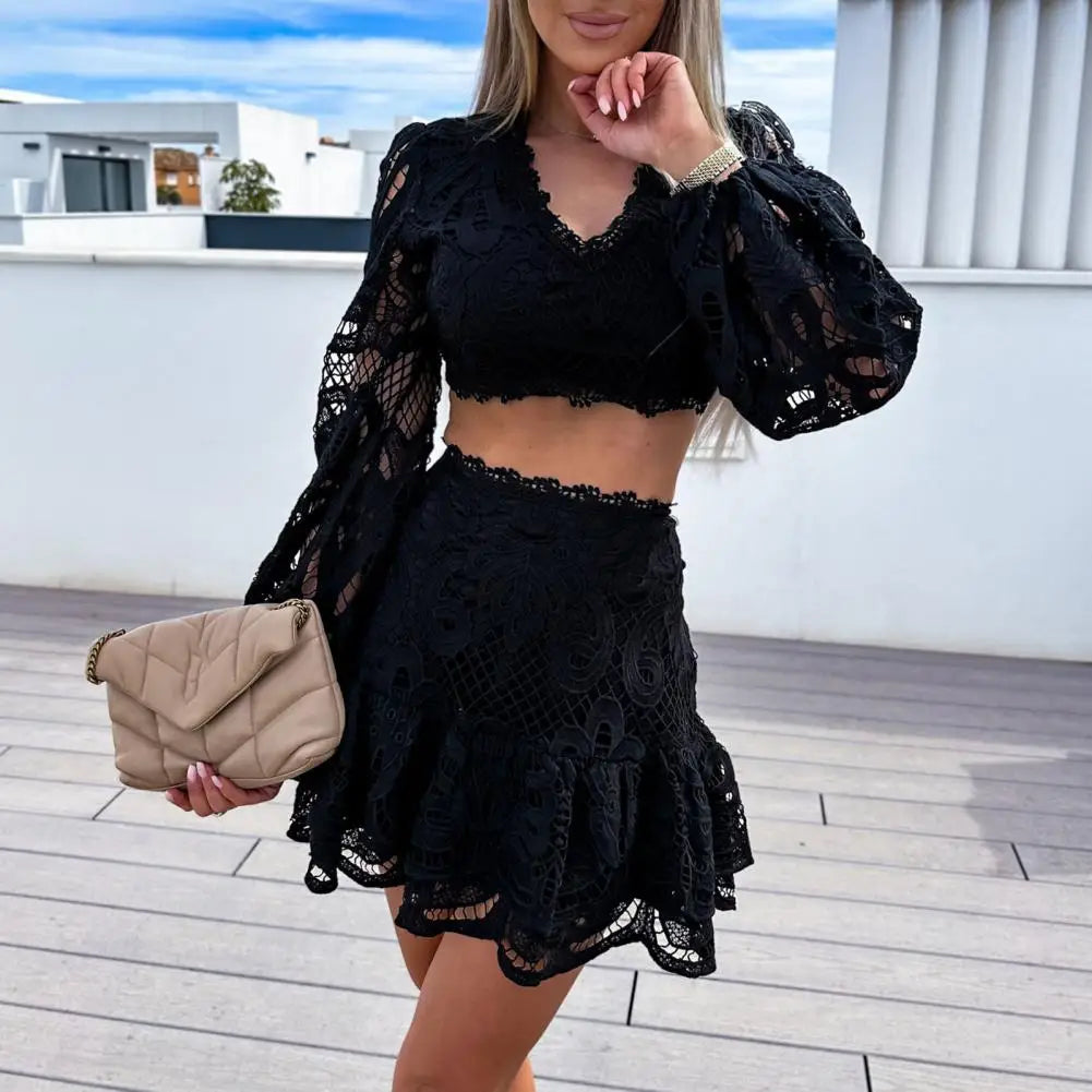 Lace Embroidery Hollow Out Women Suit Elegant V-neck Puff Sleeve Crop Top Ruffles Mini Skirt 2 Piece Sets Summer Ladies Outfit