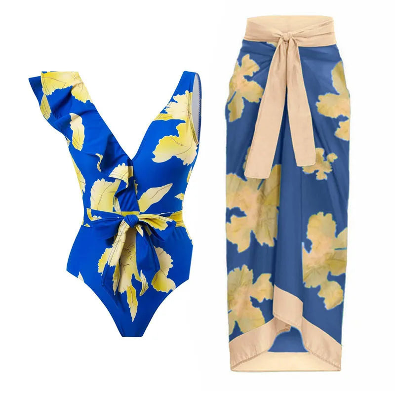 2-Piece Women Bikini Set Swimwear Push Up Floral Printed Ruffle Beachwear