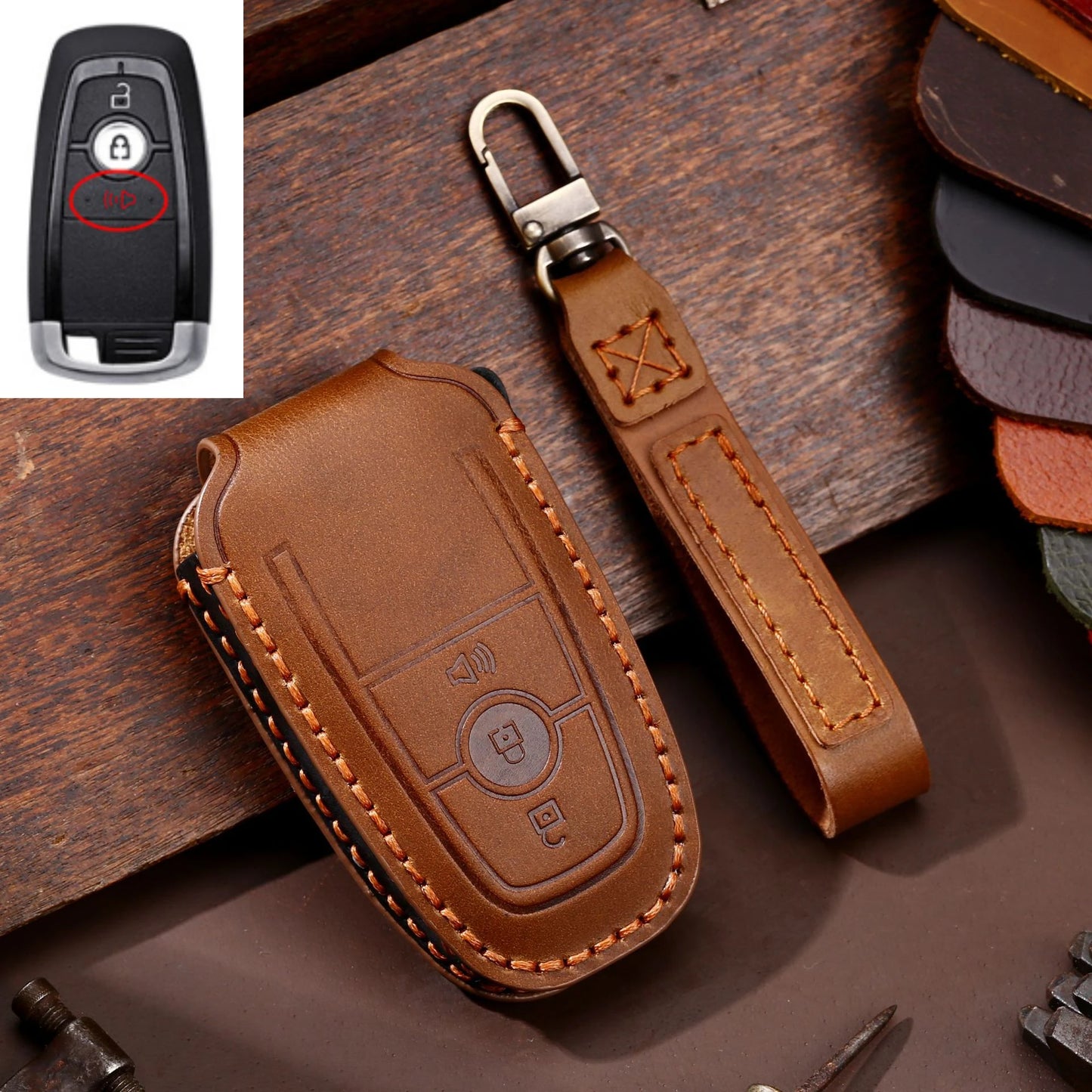 Leather Car Remote Key Case Cover For Ford Fusion Edge Mustang Explorer F150 F250 F350 Ecosport Protector Holder Shell Fob