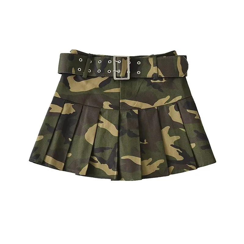 Street Women Pink Camouflage Pleated Mini Skirts Dance School Girls High Waist Belt Camo Pleated Skirt Cosplay A Line Skirts New