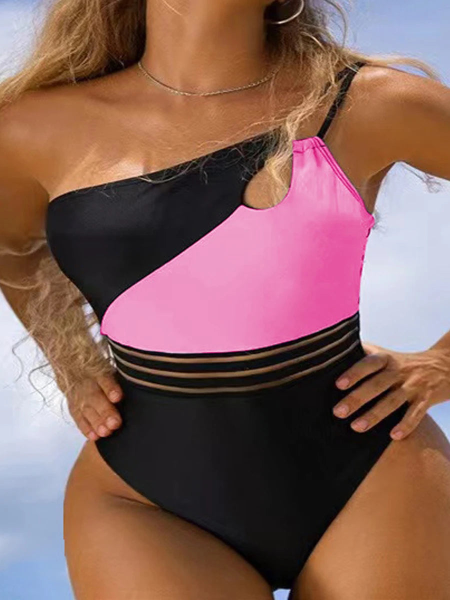 One Shoulder Cut Out Bikini Swimsuit Women Cloth Panel Patchwork Bodysuit Swimwear Female Surfing Sports Bathing Suit Beachwear