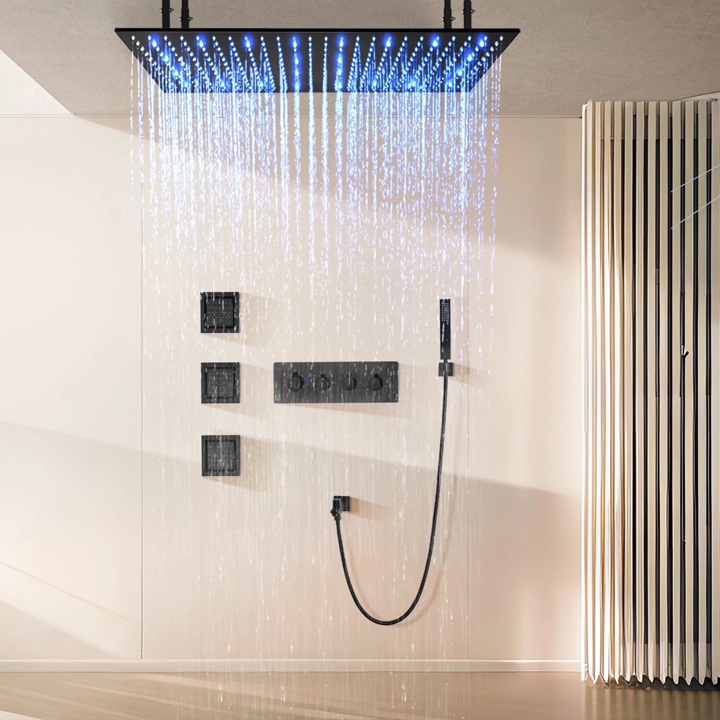 Matting black ceiling LED constant temperature shower faucet set rainfall multi -function side spray shower shower system