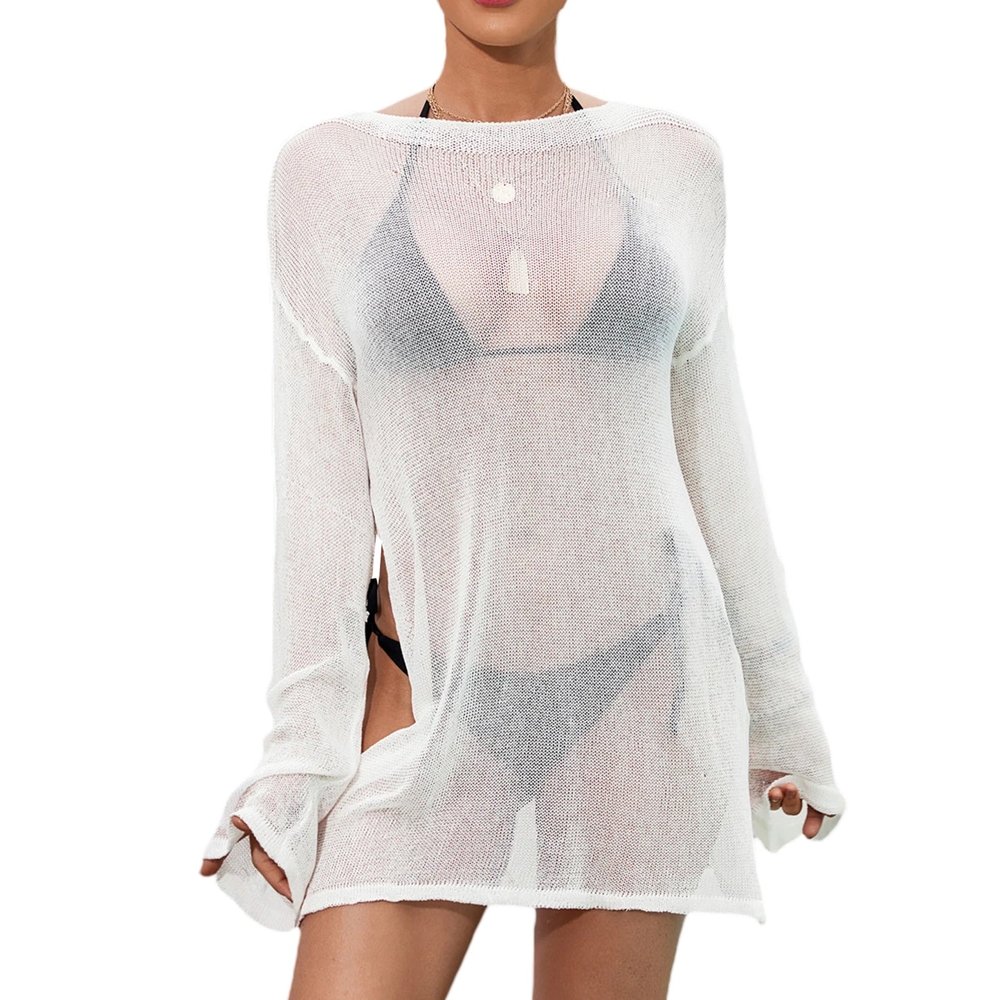 Sxey Women's Transparent Tunic Top Beachwear Cover-ups Dress Long Sleeve Beach Wear Beachwear Female