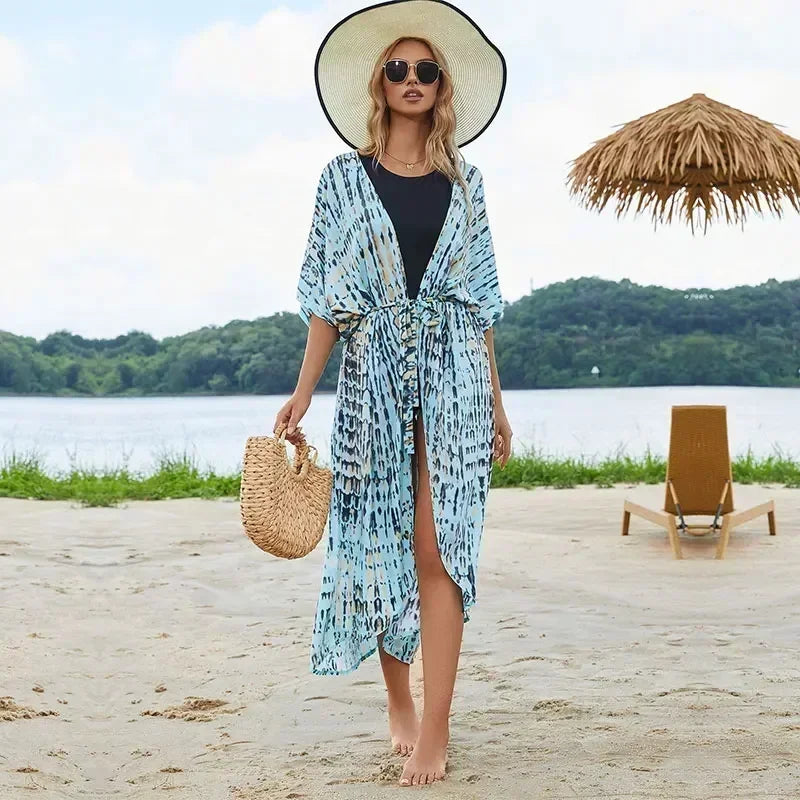 Bohemian Printed Summer Beach Wear Bikini Wrap Dress Tunic Summer Women Swimsuit Cover-ups