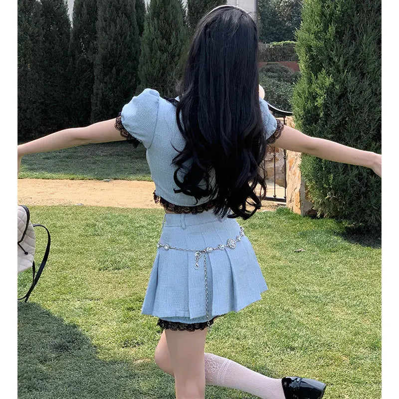 Korea Summer Sweet Two Piece Mini Skirts Sets Kawaii Lolita Peter Pan Collar Bow Crop Top + Mini Skirt Suit Blue Outfit Outwear