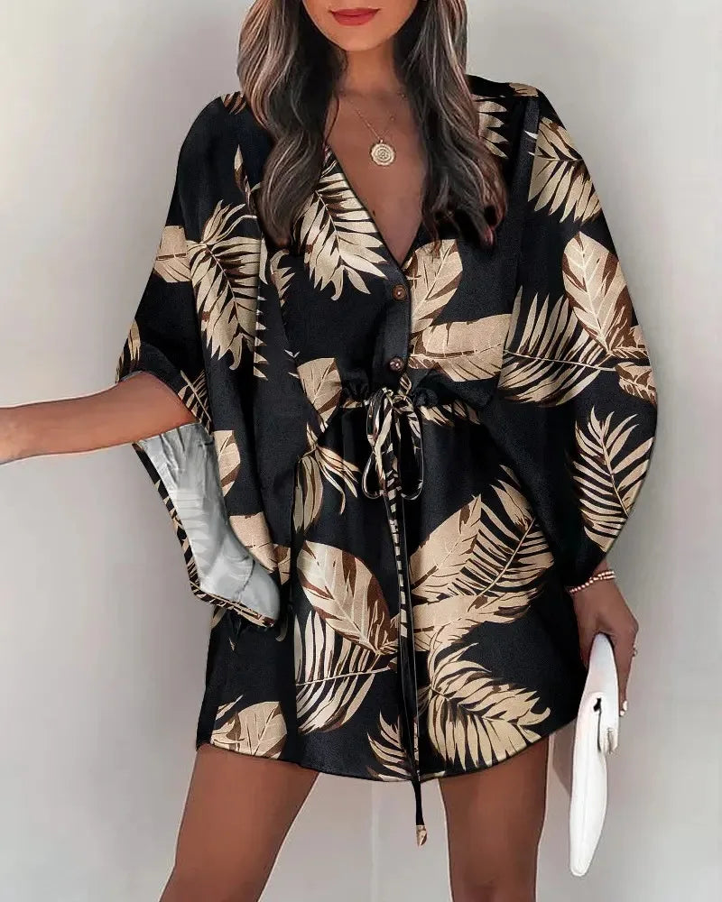 V-neck Flared Sleeve Cover Up For Woman Navy Loose Lace Up Holiday Beach 2024 Summer  Dress Beachwear Vestidos Verano Moda 2024