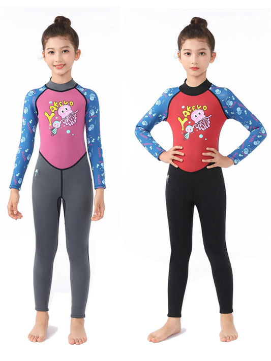 2 5mm Children Diving Suit Girl One Piece Swimsuit Warm Long Sleeved Sun Protection Surfing Suit Floating Diving  Suit