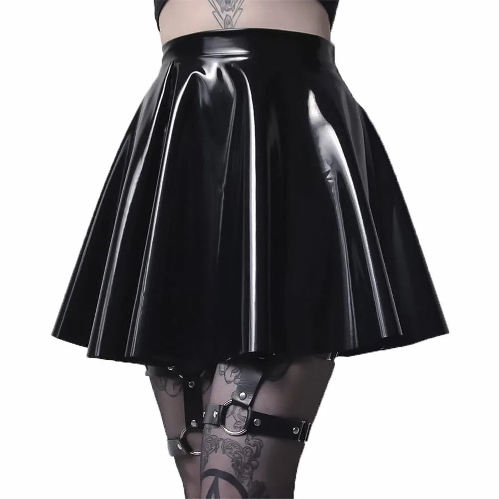 Goth Harajuku Punk PU Leather Skirt for Women Black Gothic Pleated A-line High Waist Short Mini Skater Skirt