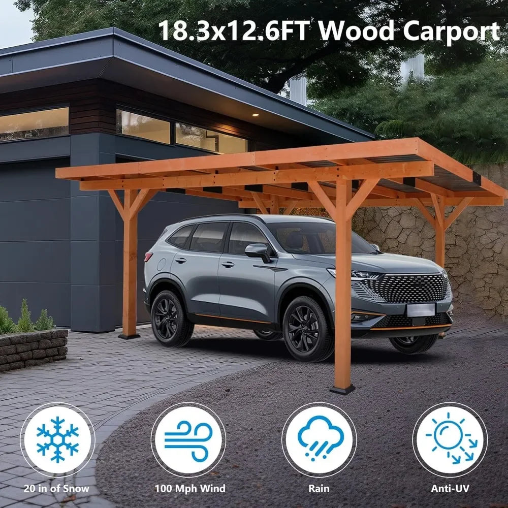 18.3x12.6x7 FT Carport Garage with Hard Top Steel Roof for Parking Car, Boats on Patio, Garden, Heavy Duty Wooden Carport Garage