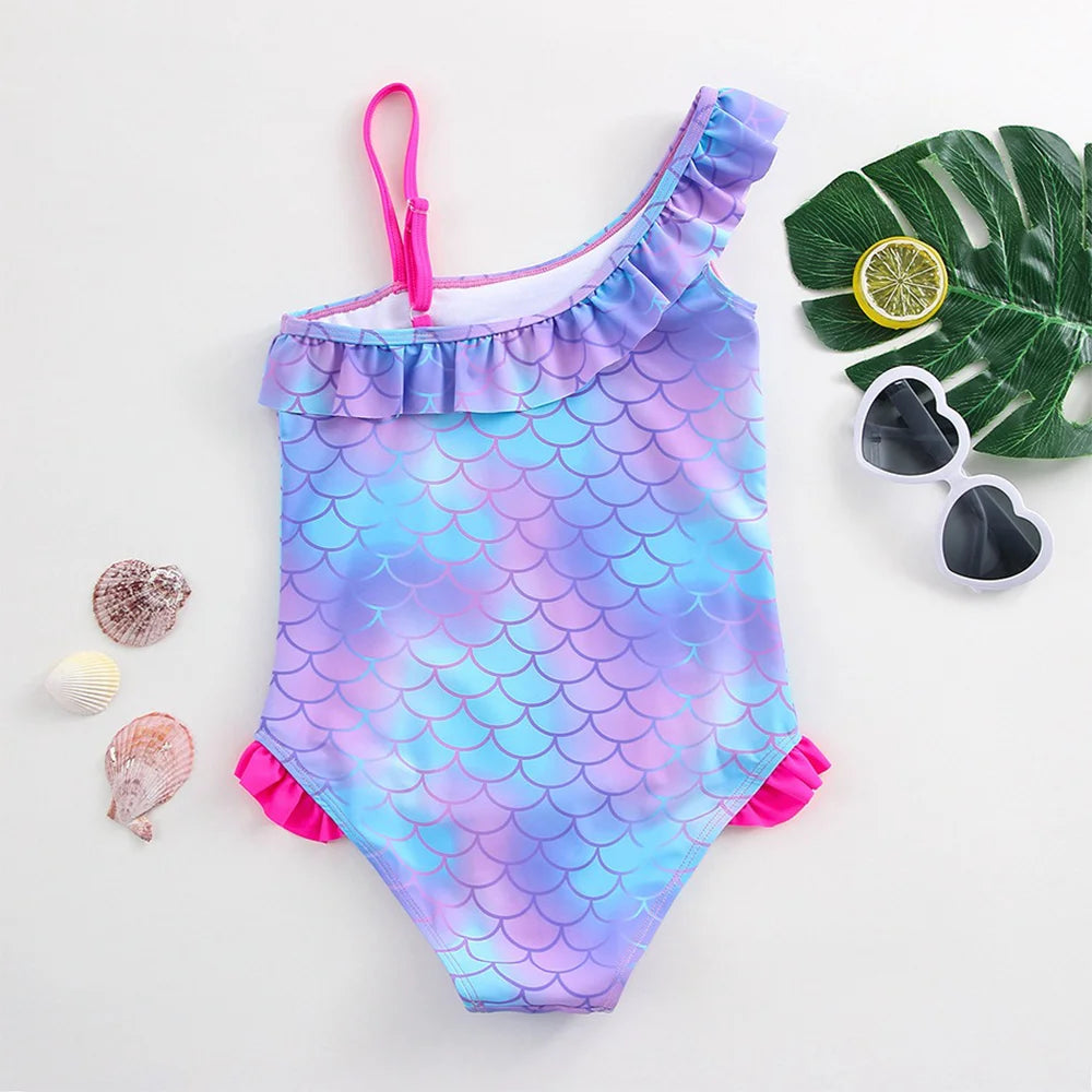 Stitch Girls Swimsuit Fashion Mermaid Fish Scale One-Piece Bathing Suits Children's Dresses Summer Swimwear Beach Suit Kids Wear