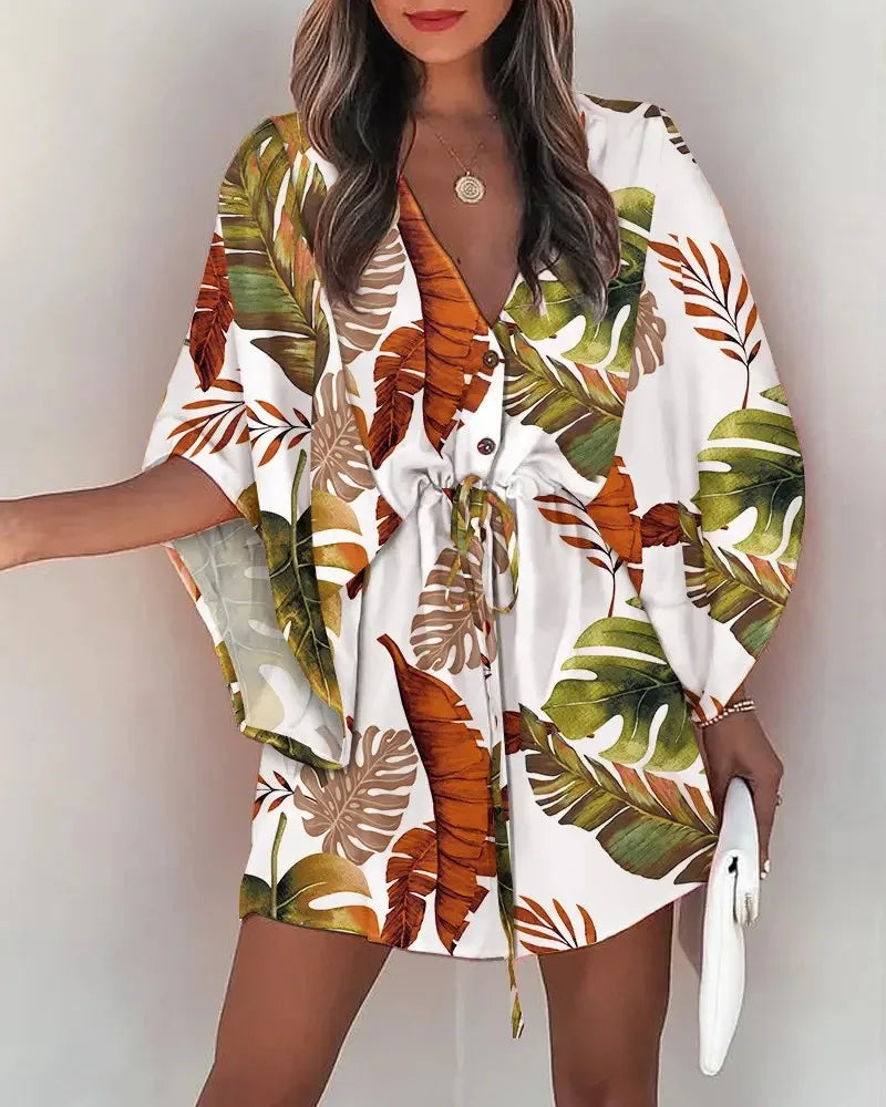 V-neck Flared Sleeve Cover Up For Woman Navy Loose Lace Up Holiday Beach 2024 Summer  Dress Beachwear Vestidos Verano Moda 2024