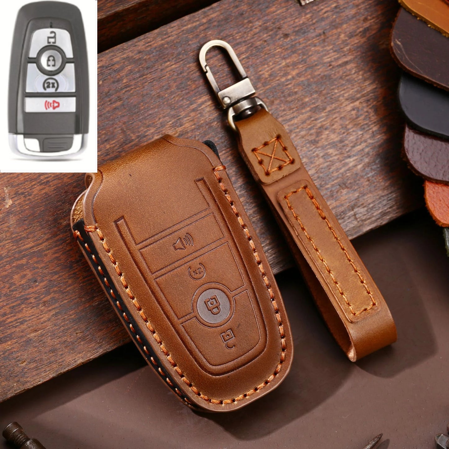 Leather Car Remote Key Case Cover For Ford Fusion Edge Mustang Explorer F150 F250 F350 Ecosport Protector Holder Shell Fob