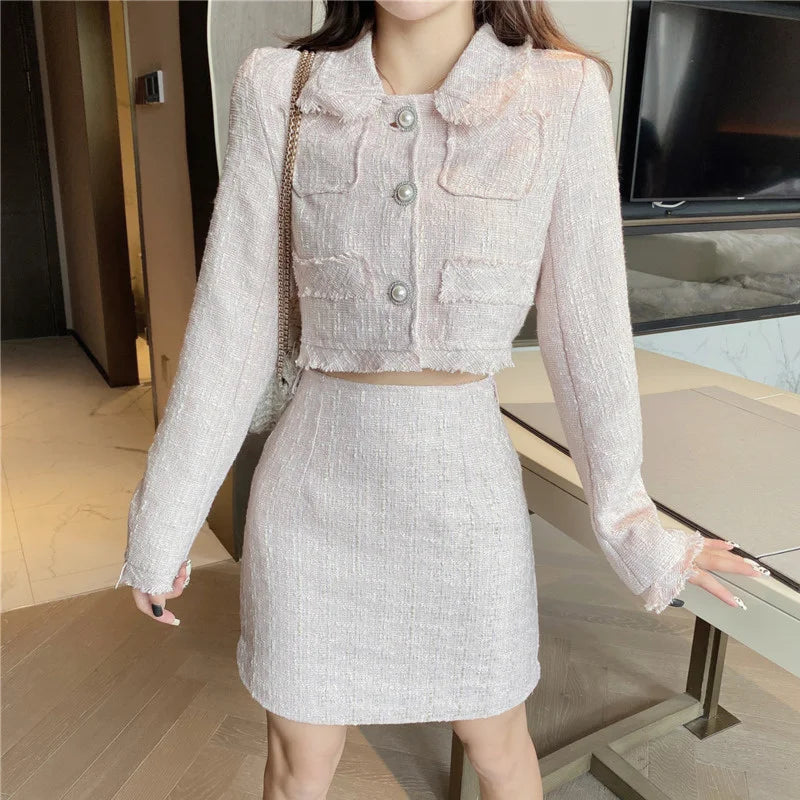 High Quality Female Elegant Skirt Suits 2023 New Autumn Tweed Two Piece Set Women Outfits Crop Top Mini Skirt Set Vetement Femme