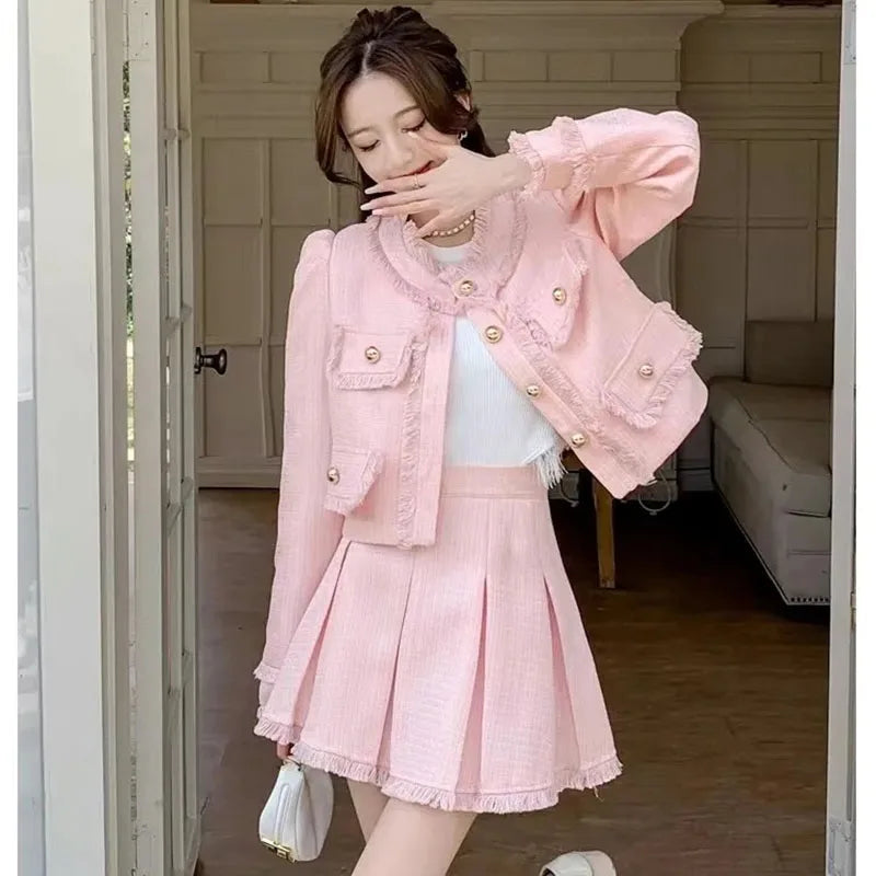 Korean Womens Tweed Skirt 2 Piece Set Y2k Vintage Jackets Tops Suit Mini Pleated Faldas Outfit Spring Fall Fashion Conjuntos New