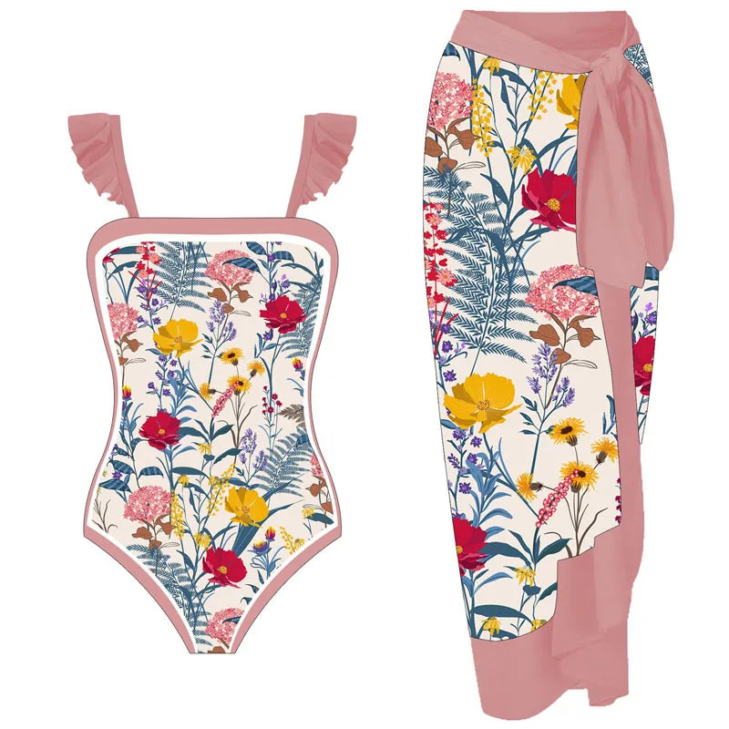 2-Piece Women Bikini Set Swimwear Push Up Floral Printed Ruffle Beachwear