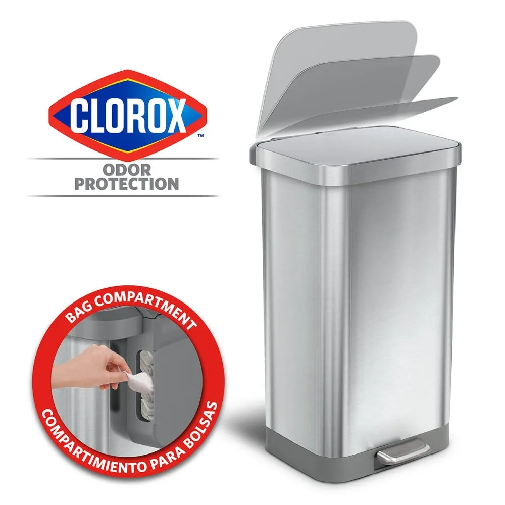 Stainless Steel Step Trash Can with Clorox Odor Protection | Large Metal Kitchen Garbage Bin with Soft Close Lid, Foot Pedal