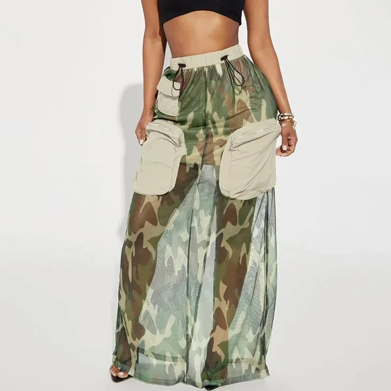 Street Fashion Women Camouflage Mesh Perspective Cargo Skirts Big Pockets Drawstring Skirts Patchwork Camo Long Baggy Skirts