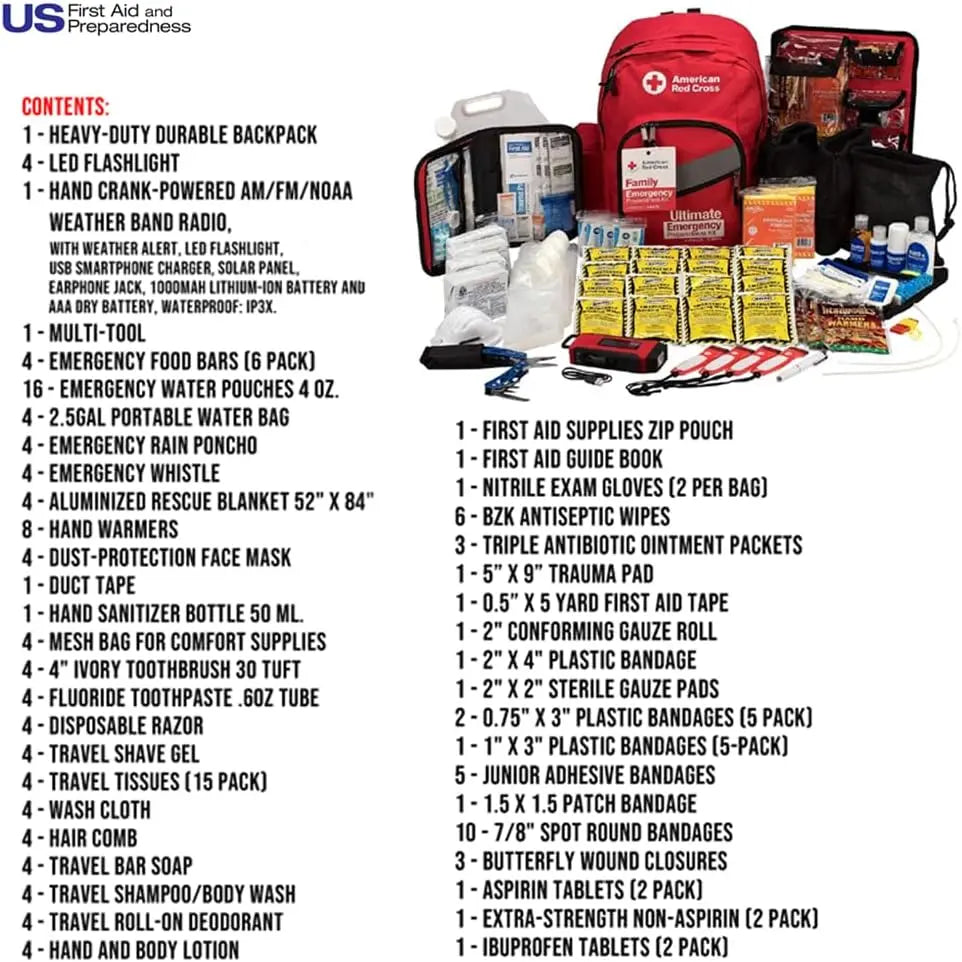 13-Day Emergency Preparedness Deluxe Backpack | 72 Hour Survival Supplies for 4 People | Water, Phone Charger, Blanket, Food