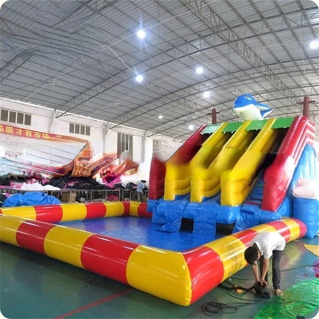 Dolphin Outdoor Children Playground Equipment Inflatable Water Park Slide with Pool