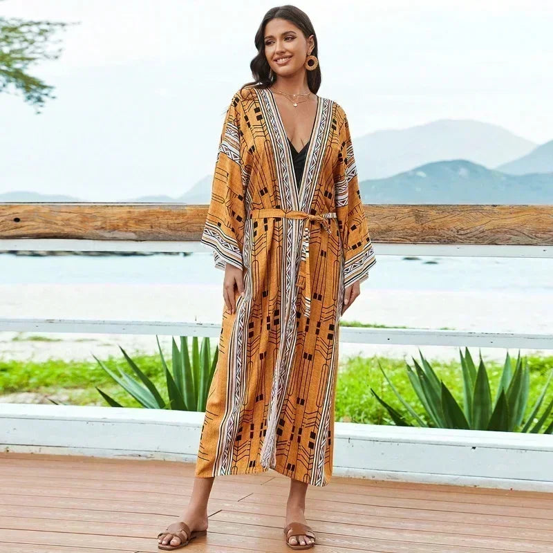 Bohemian Printed Summer Beach Wear Bikini Wrap Dress Tunic Summer Women Swimsuit Cover-ups