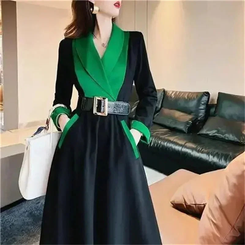 High End Atmospheric Goddess Style Temperament Dress New Autumn Women Mid Length Color Contrast Stitching Large Swing Skirt L684