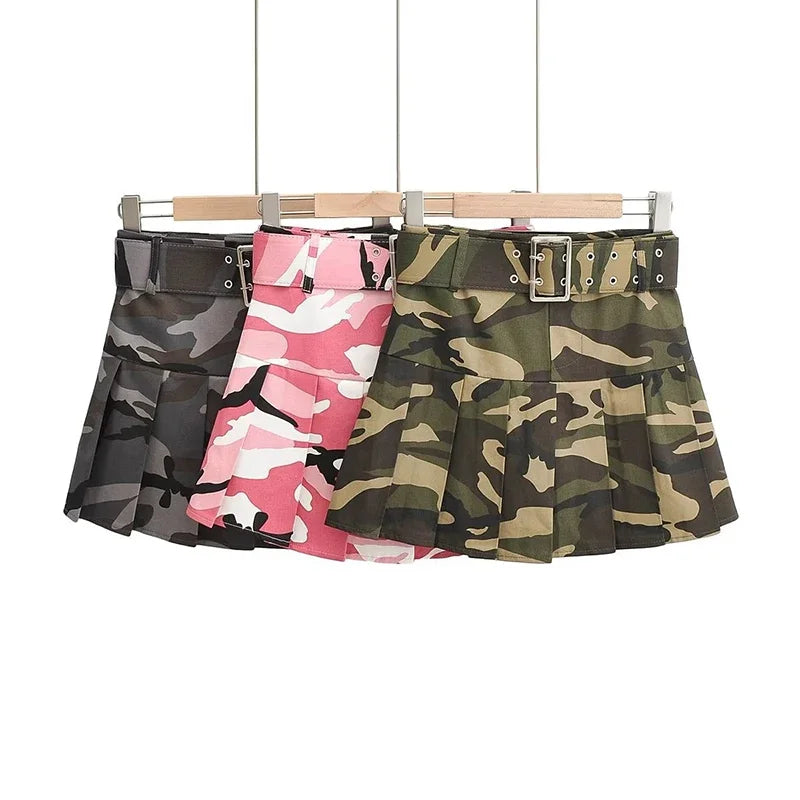 Street Women Pink Camouflage Pleated Mini Skirts Dance School Girls High Waist Belt Camo Pleated Skirt Cosplay A Line Skirts New