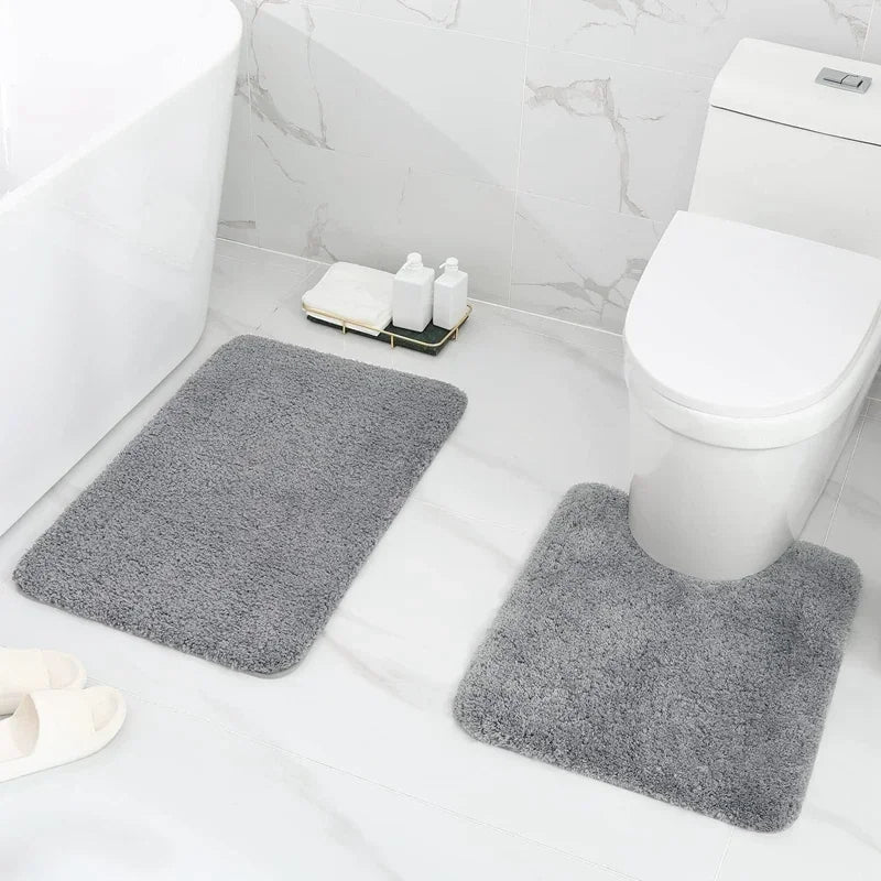 Olanly 2Pcs Bath Mat Set Soft Fluffy Plush Bathroom Floor Mats Carpet Shaggy Absorbent Shower Rug Non-Slip U-Shaped Toilet Rug