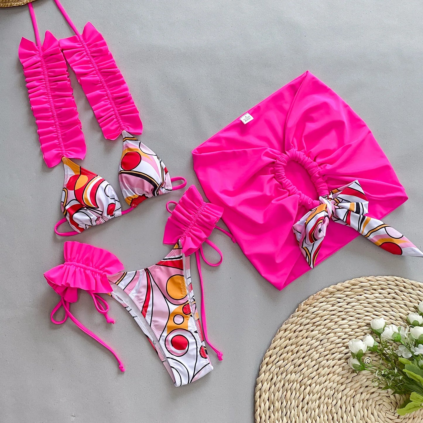 3 Piece Bikini Women Swimsuit 2024 Female Swimwear Ruffle Beachwear Swimming Suit Bathing Suit Bikini Set Skirt Sarong Biquini