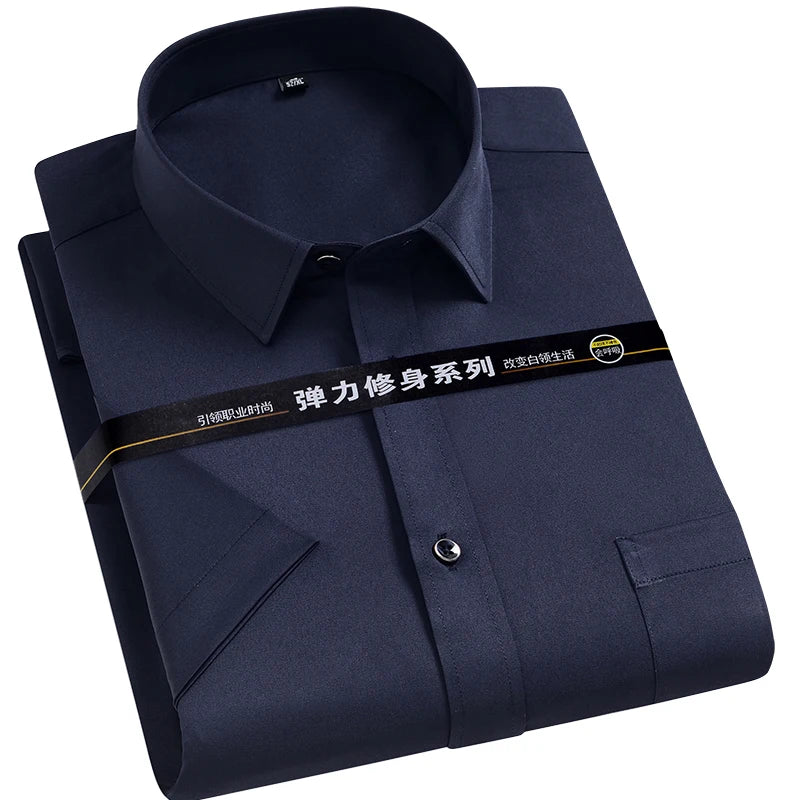 Men Short Sleeve Dress Shirt Summer Non-iron Solid Color Basic Business Formal Stretch Soft Wrinkle-resistant Casual Office Tops