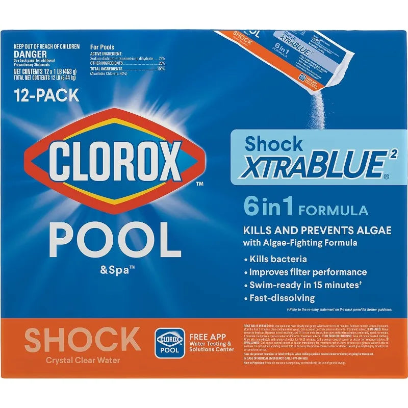 Clorox Pool&Spa 33512CLX Pool Shock XtraBlue (12 1-lb Bags), 12 Pack, White