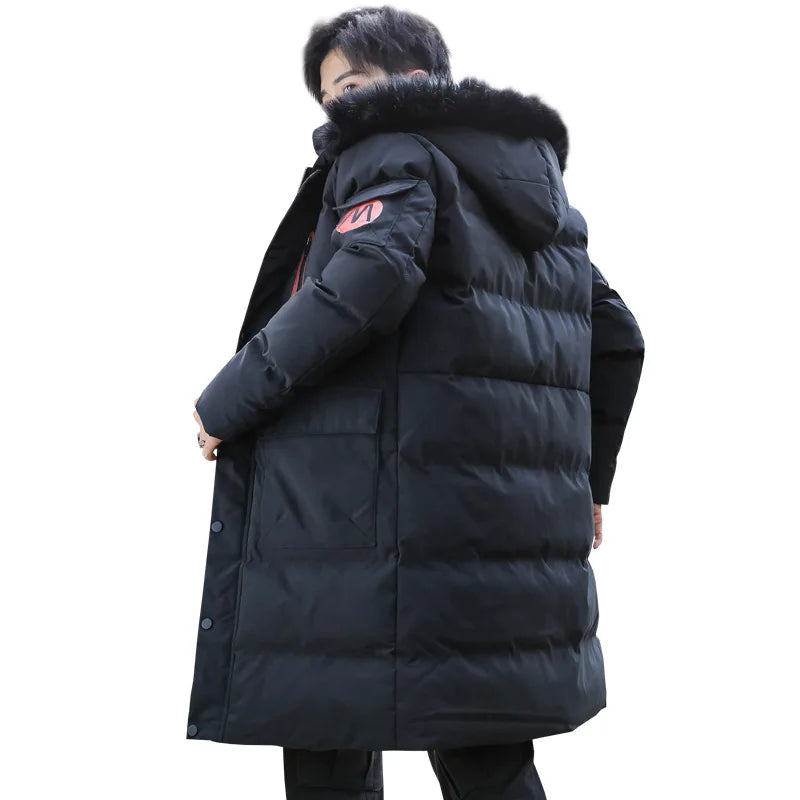 Long Puffer Jacket Men Pleated Solid Padded Windproof Snow Jacket