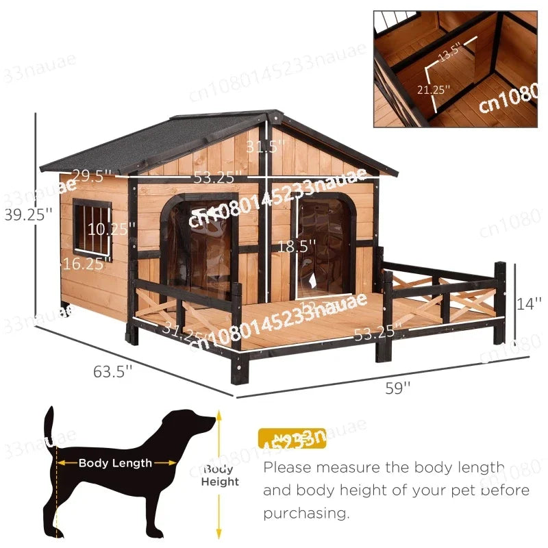 Dog House Weatherproof Rustic Log Cabin Style Elevated Pet Shelter Nap Porch Deck Natural