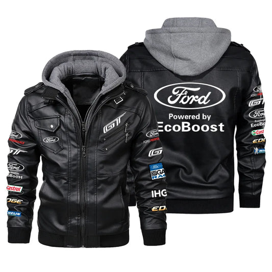 F1 Racing Suit Bomber Ford Mustang Rally Ford Team Logo Men's Leather Jacket Casual Motorcycle PU Jacket