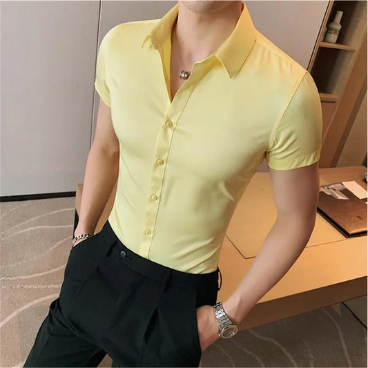 Summer Men Fashion Casual Short Sleeve Solid Shirt Super Slim Fit Male Social Business Dress Shirt Brand Men Casual Dress Blouse