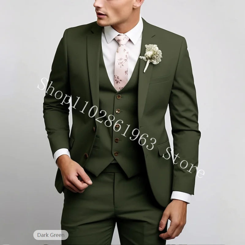 3 Pieces Male Suits Green Elegant Wedding Suits For Men Formal Best Men Blazer Slim Fit Groom Tuxedos Jacket Costume Homme