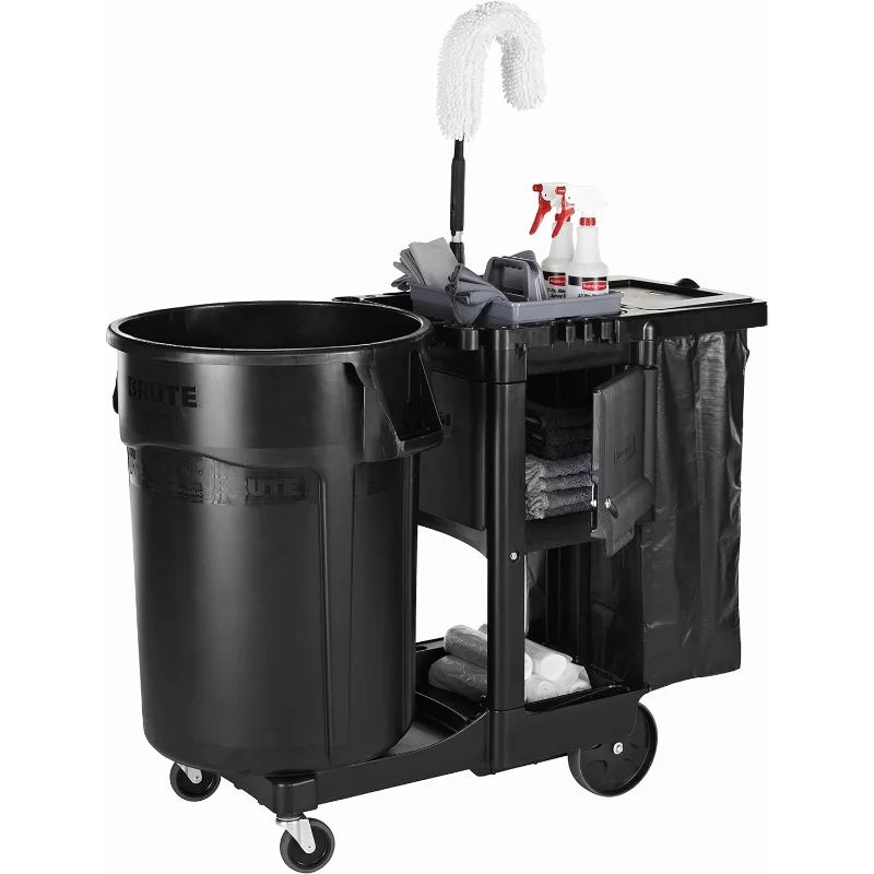 Executive Series Janitorial and Housekeeping Cleaning Cart with Locking Cabinet, Wheeled with Zippered Black Vinyl Bag, Black