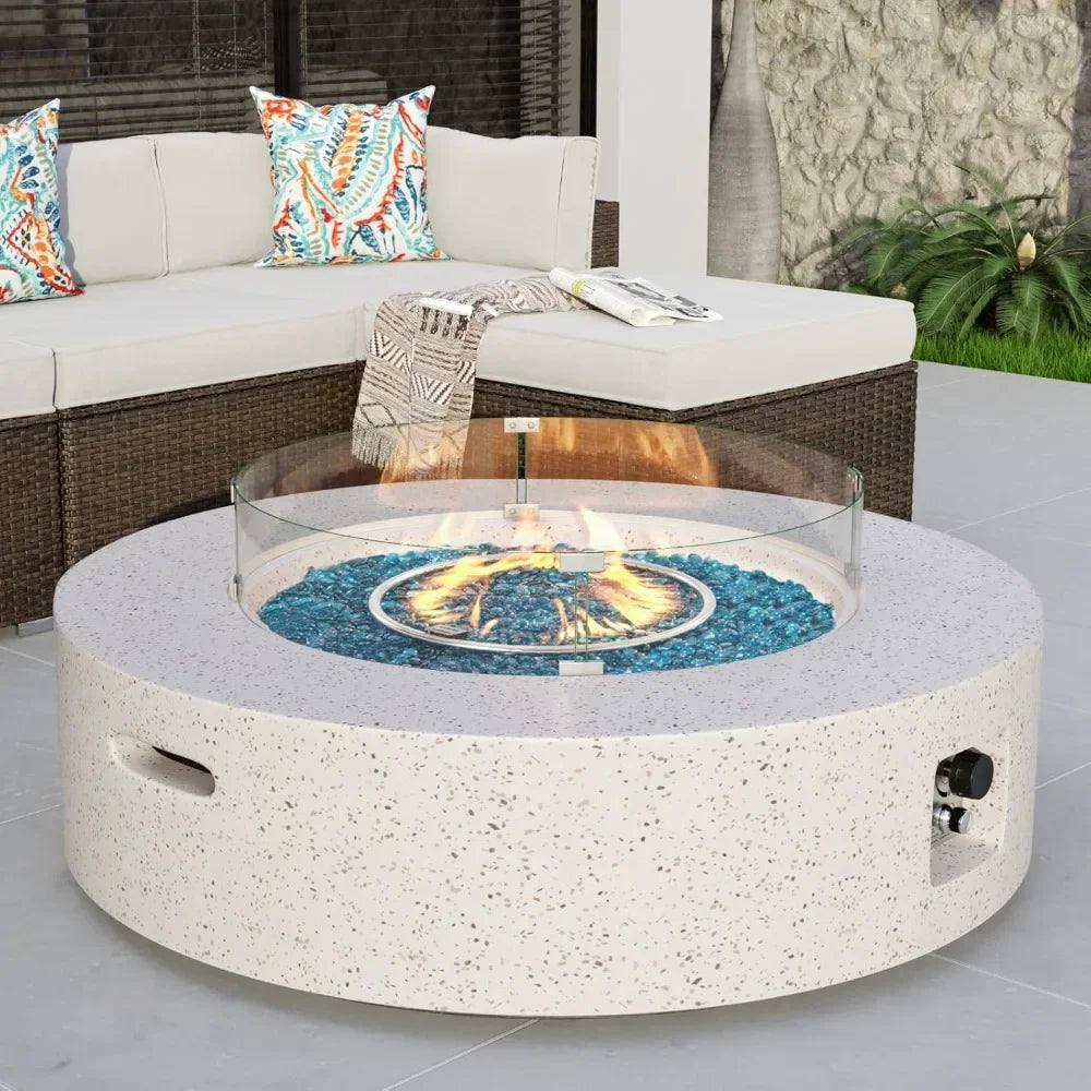 Outdoor Propane Fire Pit Coffee Table w Terrazzo White 40.5-inch Round Base Patio Heater, 50,000 BTU Stainless Steel Burner