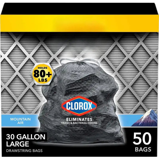 Large Drawstring Trash Bag with Clorox, 30 Gal, Mountain Air Scent 50 Ct (Package May Vary)