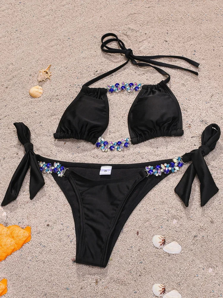 Leopard Rhinestone Jewelled Bikini Women Swimsuit female Thong Swimwear Diamond Bikini Set Halter Bathing Suit