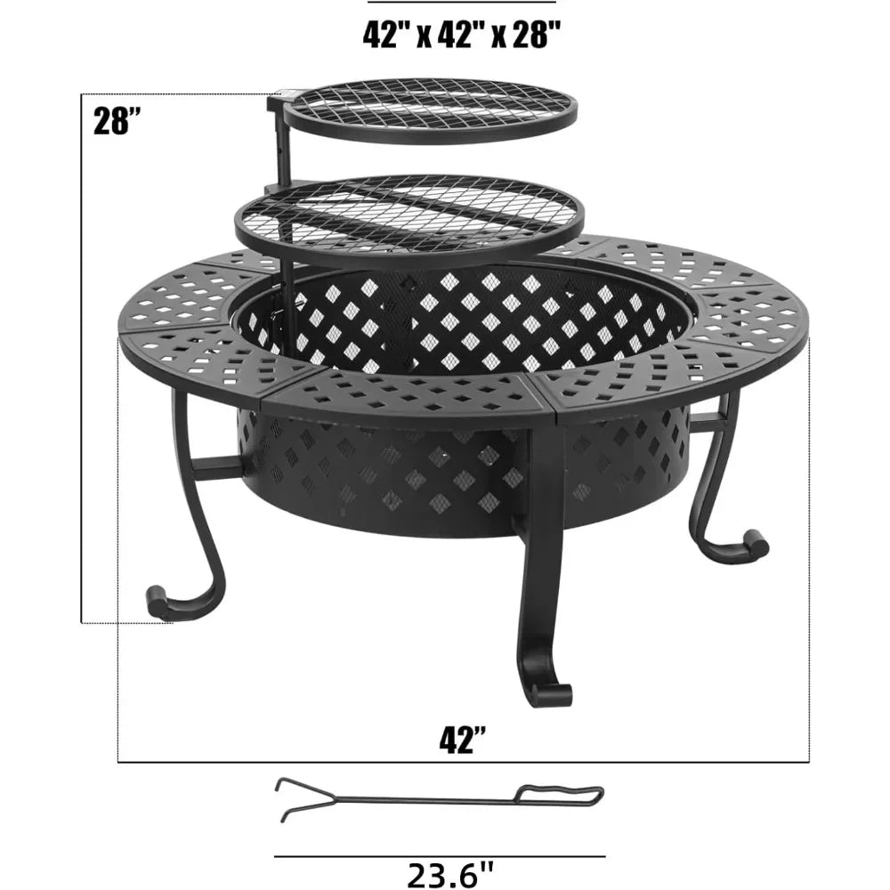 42 Inch Fire Pit with 2 BBQ Grills, Wood Burning Fire Pits for Outside with Lid Fire Poker, BBQ Outdoor Firepit Round Metal